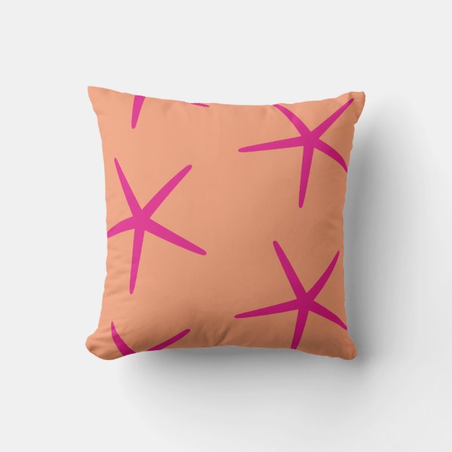 Orange Pink Starfish Coastal Tropical Art Beach Cushion (Front)