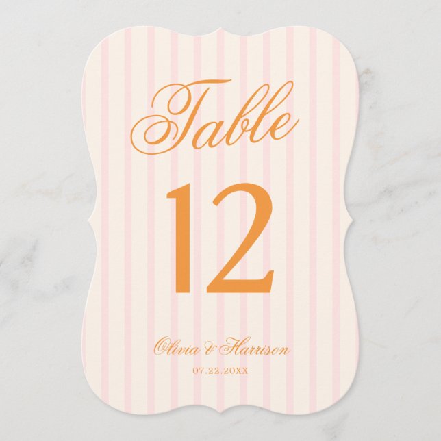 Orange Pink Stripe Die Cut Wedding Table Number (Front)
