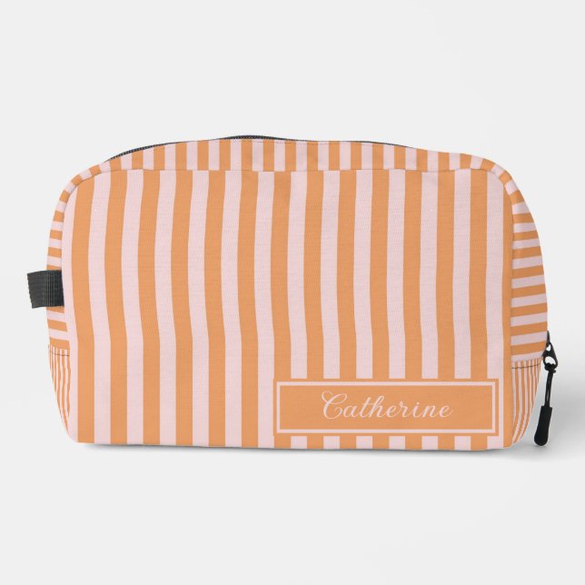 Orange & Pink Stripes Abstract Retro Pretty Dopp Kit (Front)