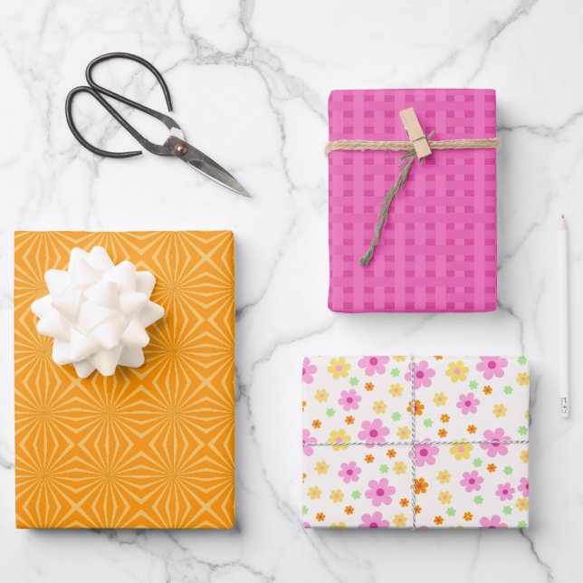 Orange & Pink Stripes Colourful Floral Vibrant Wrapping Paper Sheet (Front)