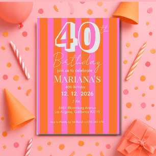 Orange Pink Stripes Modern 40th Birthday Invitation