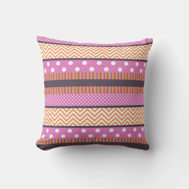 Orange & Pink Stripes Polka Dots Chevron Pattern Cushion (Front)