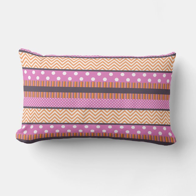 Orange & Pink Stripes Polka Dots Chevron Pattern Lumbar Cushion (Front)