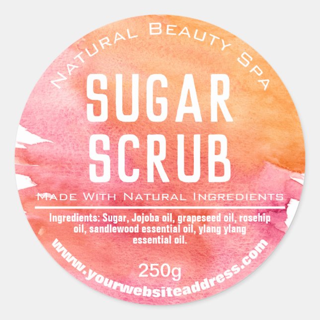 Orange Pink Sunset Coloured Sugar Scrub Labels (Front)