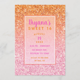 Orange Pink Sunset Glitter Sweet 16 Birthday Party Invitation