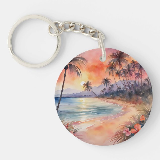 Orange Pink Sunset Tropical Beach Palm Trees Key Ring (Front)