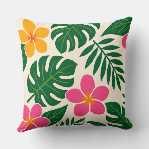 Orange & Pink Tropical Flowers with Green Leaves Cushion