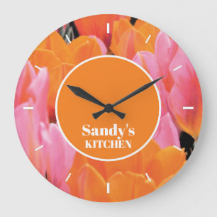 Orange & Pink Tulip Photo Personalised Large Clock
