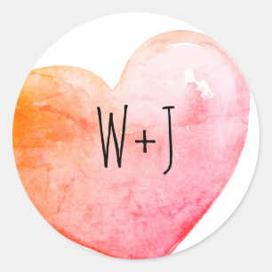 Orange Pink Watercolor Heart Monogram Classic Round Sticker