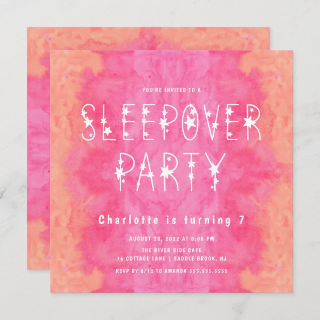 Orange Pink Watercolor Starry Girls Sleepover Invi Invitation (Front/Back)