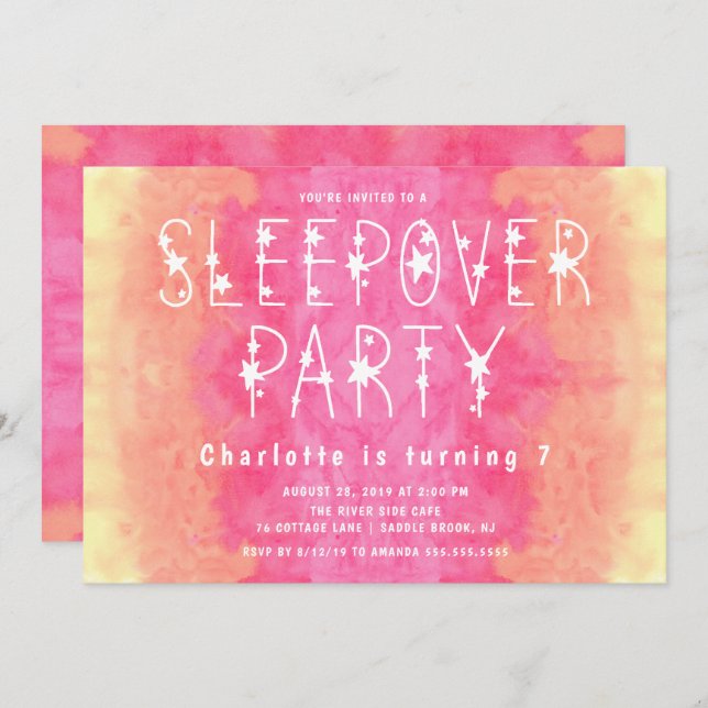 Orange Pink Watercolor Starry Girls Sleepover Invitation (Front/Back)
