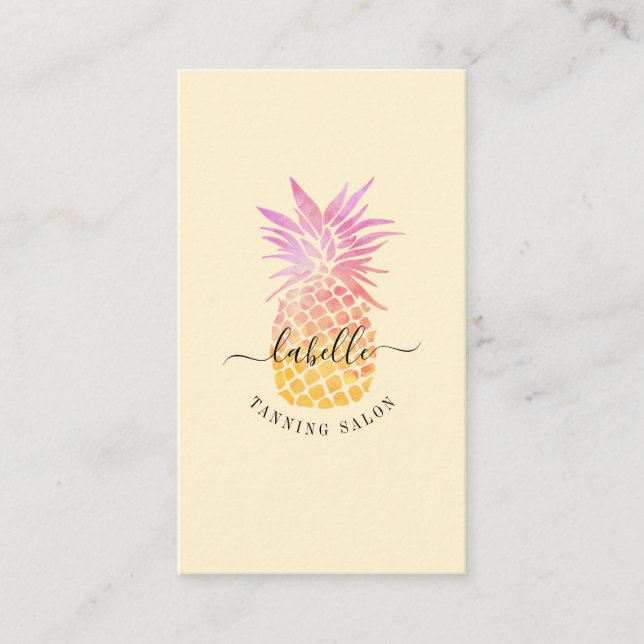 Orange & Pink Watercolor Tropical Pineapple Fruit Business Card (Front)