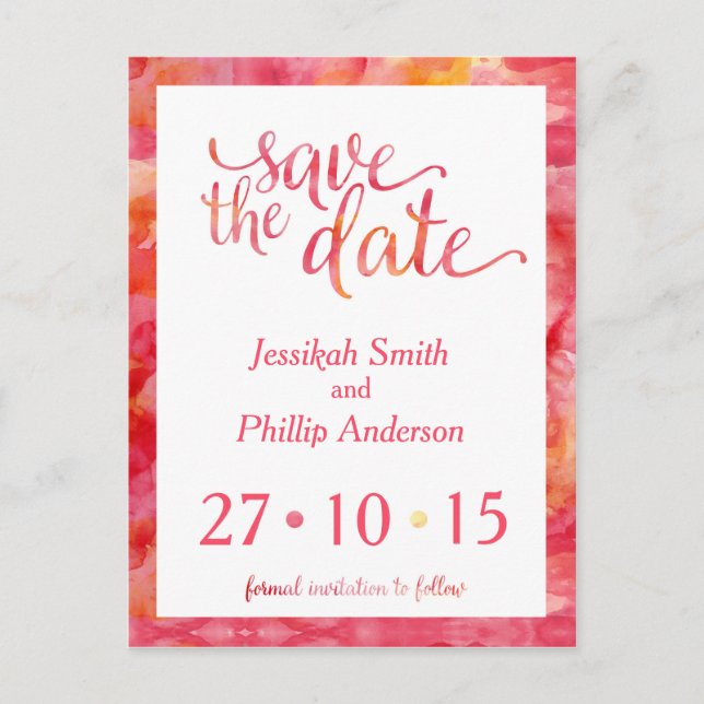 Orange Pink Watercolour Save the Date Announcement Postcard (Front)