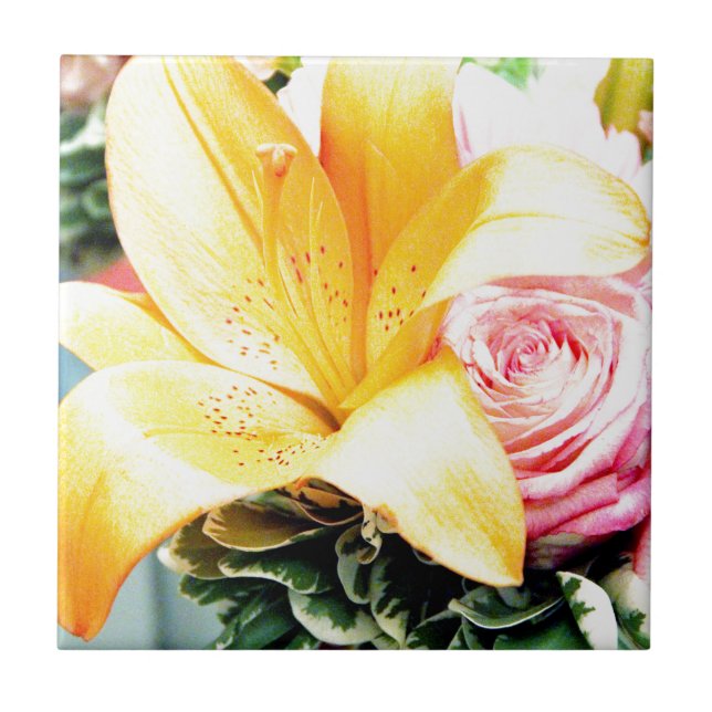 orange pink wedding flowers star lily rose ceramic tile (Front)