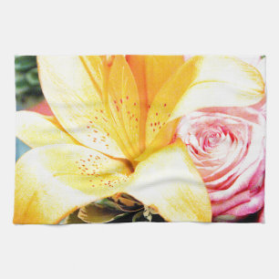 orange pink wedding flowers star lily rose tea towel