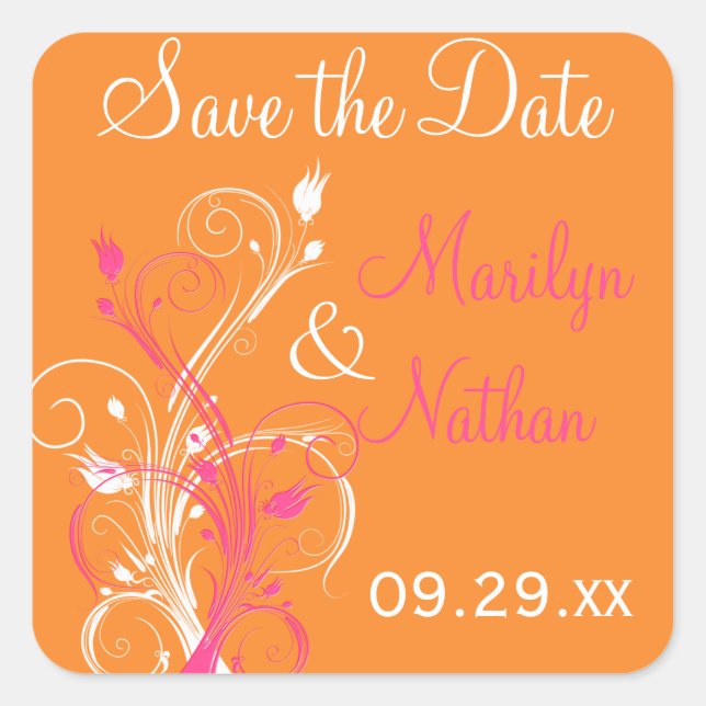 Orange Pink White Floral Save the Date Sticker (Front)