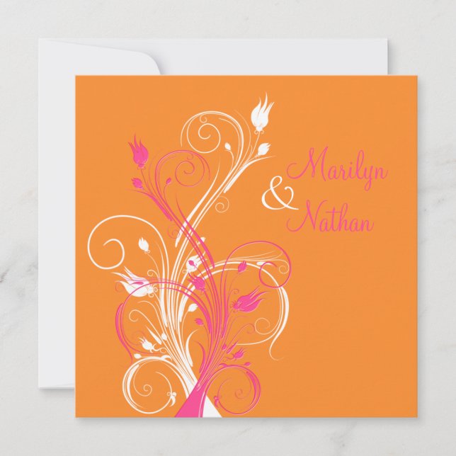 Orange Pink White Floral Square Wedding Invitation (Front)