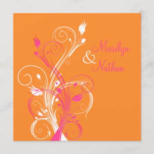 Orange Pink White Floral Square Wedding Invitation