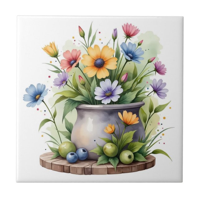 orange, pink, yellow, and blue flowers ceramic tile (Front)