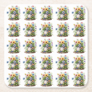 orange, pink, yellow, and blue flowers pattern square paper coaster