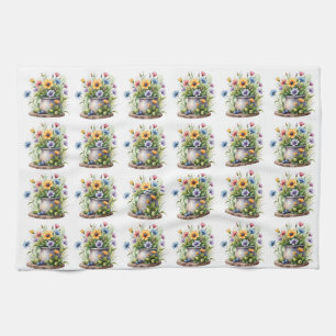 orange, pink, yellow, and blue flowers pattern tea towel