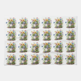 orange, pink, yellow, and blue flowers pattern tea towel