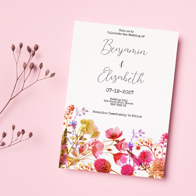 Orange pink  yellow wildflower summer Wedding Invitation (Orange pink yellow wildflower summer Wedding)