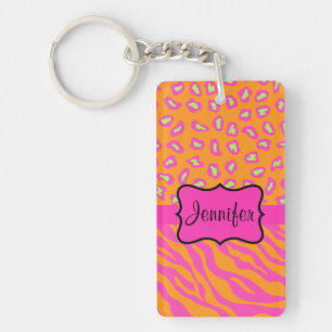 Orange & Pink Zebra & Cheetah Personalised Key Ring