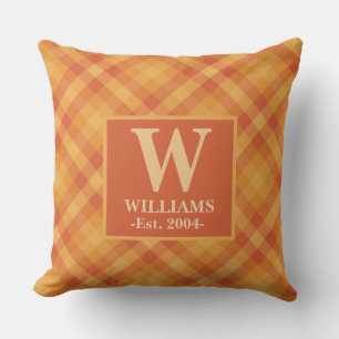 Orange Plaid Autumn FALL Monogram Family Name  Cushion