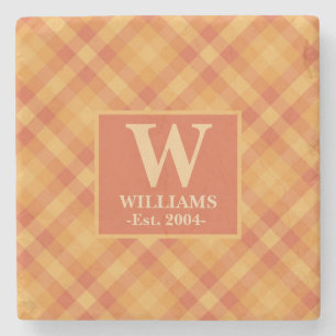 Orange Plaid Autumn FALL Monogram Family Name   Stone Coaster