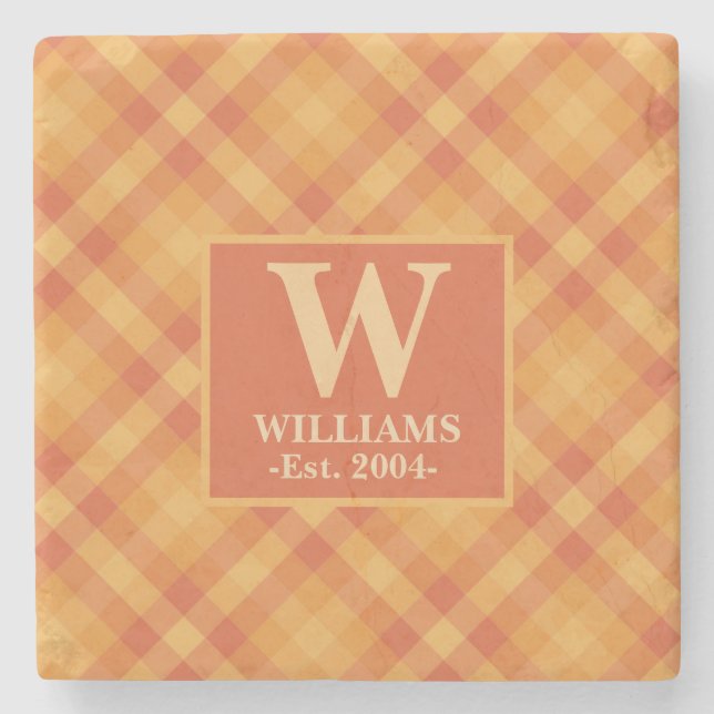 Orange Plaid Autumn FALL Monogram Family Name   Stone Coaster (Front)