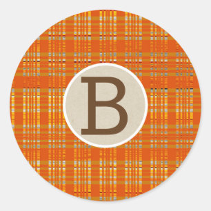 Orange Plaid & Brown Kraft Rustic Monogram Initial Classic Round Sticker