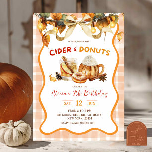 Orange Plaid Cider and Donuts Fall Birthday Invitation