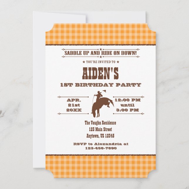 Orange Plaid Cowboy Rodeo Birthday Invitation (Front)
