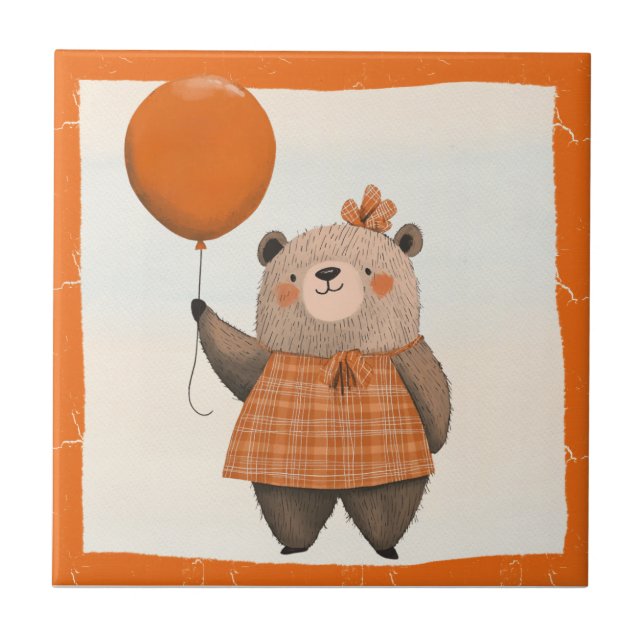 Orange Plaid Dress Bear with Hair Bow Ceramic Tile (Front)