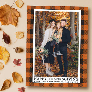 Orange Plaid Family Photo Happy Thanksgiving Postcard