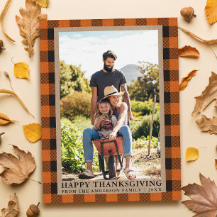Orange Plaid Family Photo Kraft Happy Thanksgiving Postcard