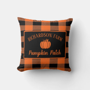 Orange Plaid Family Pumpkin Patch Halloween Fall Cushion