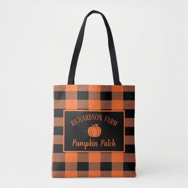 Orange Plaid Family Pumpkin Patch Halloween Fall   Tote Bag (Front)