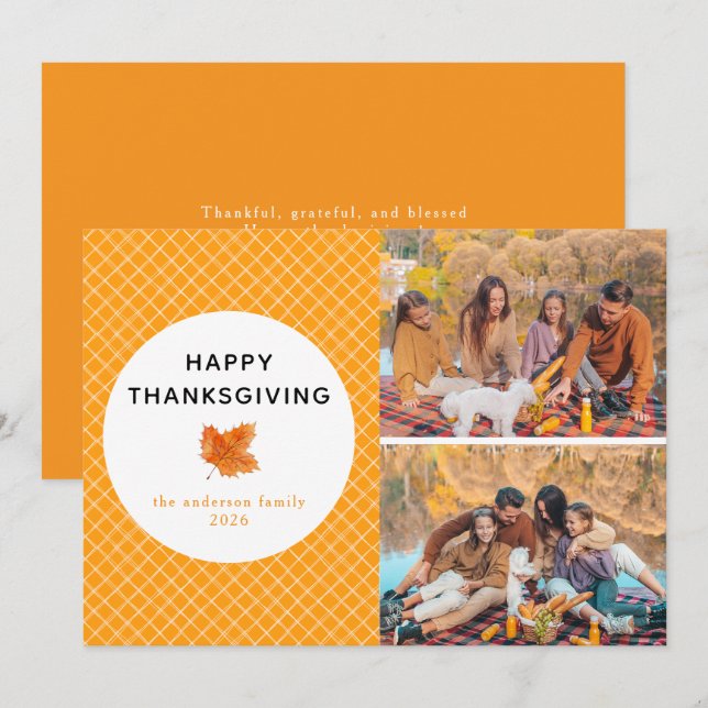 Orange Plaid | Happy Thanksgiving Autumn 2 Photo Holiday Card (Front/Back)