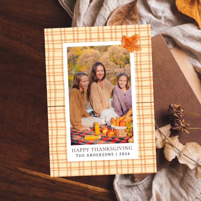 Orange Plaid | Happy Thanksgiving Autumn Photo Holiday Card (Creator Uploaded)