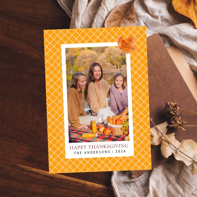 Orange Plaid | Happy Thanksgiving Autumn Photo Holiday Card (Creator Uploaded)