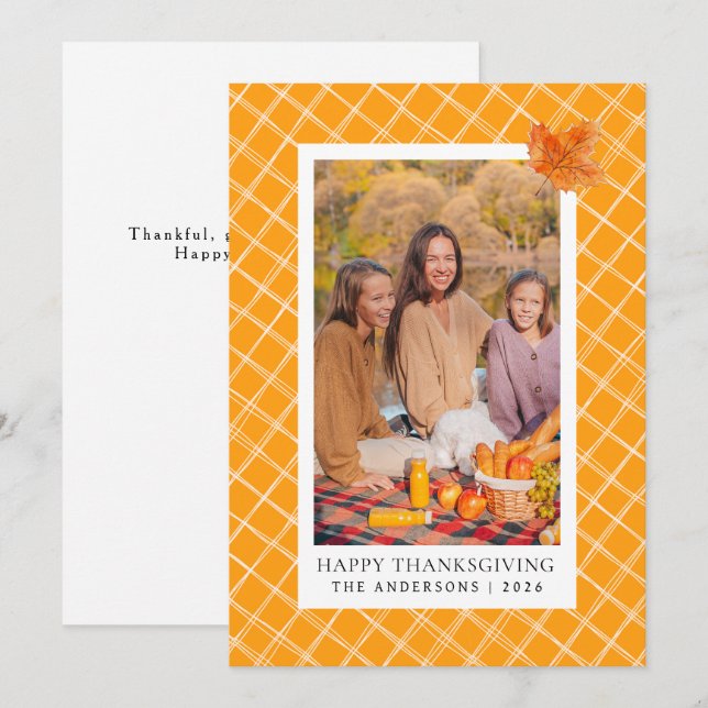 Orange Plaid | Happy Thanksgiving Autumn Photo Holiday Card (Front/Back)