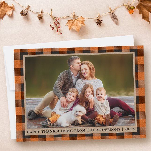 Orange Plaid Happy Thanksgiving Kraft Family Photo Holiday Card (Customize to change text size or text style.)