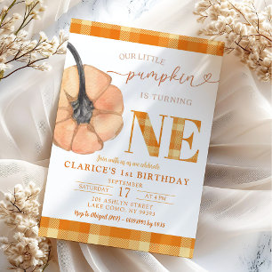 Orange Plaid Our Little Pumpkin Is Turning One Invitation