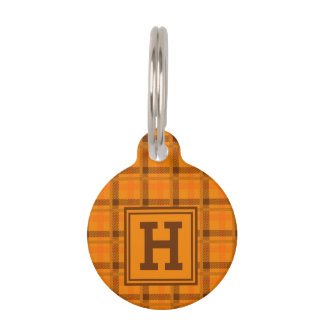 Orange Plaid Pattern Chequered Tartan Monogram Pet Tag