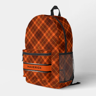  Orange Plaid Pattern Modern Masculine Custom Name Printed Backpack