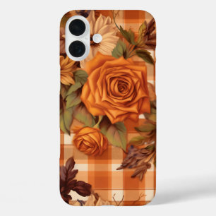ORANGE PLAID PATTERN WITH FALL FLOWERS iPhone 16 PLUS CASE