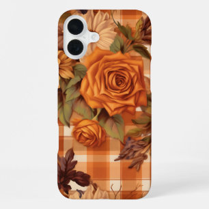 ORANGE PLAID PATTERN WITH FALL FLOWERS iPhone 16 PLUS CASE