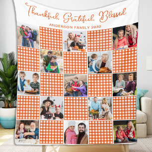 Orange Plaid Personalised Family 13 Photo Collage Fleece Blanket